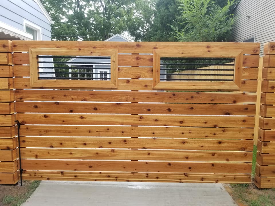Cedar horizontal privacy gate with window cutouts