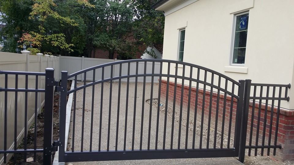 Black aluminum, arched single swing gate