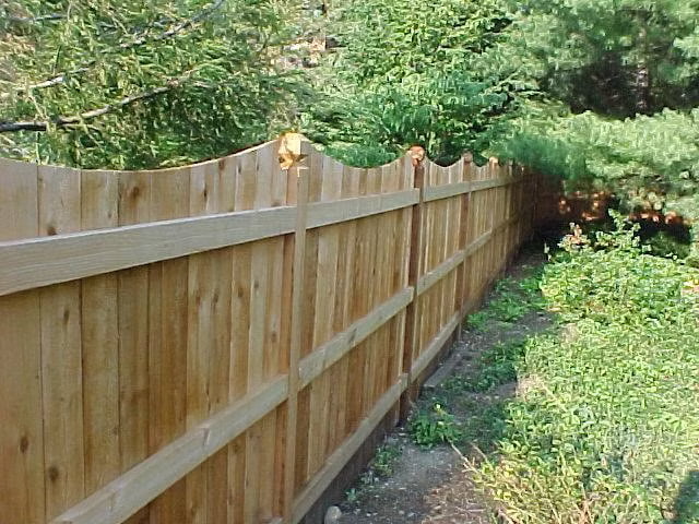 Cedar concave fence with lantern posts